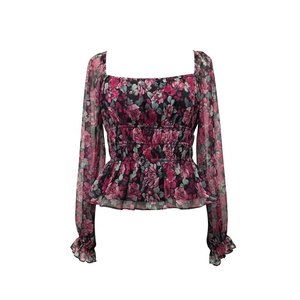 Lucy Paris Moody‎ Floral Peplum Top Shirred Waist Ruffle Hem Balloon Sleeve Sz M